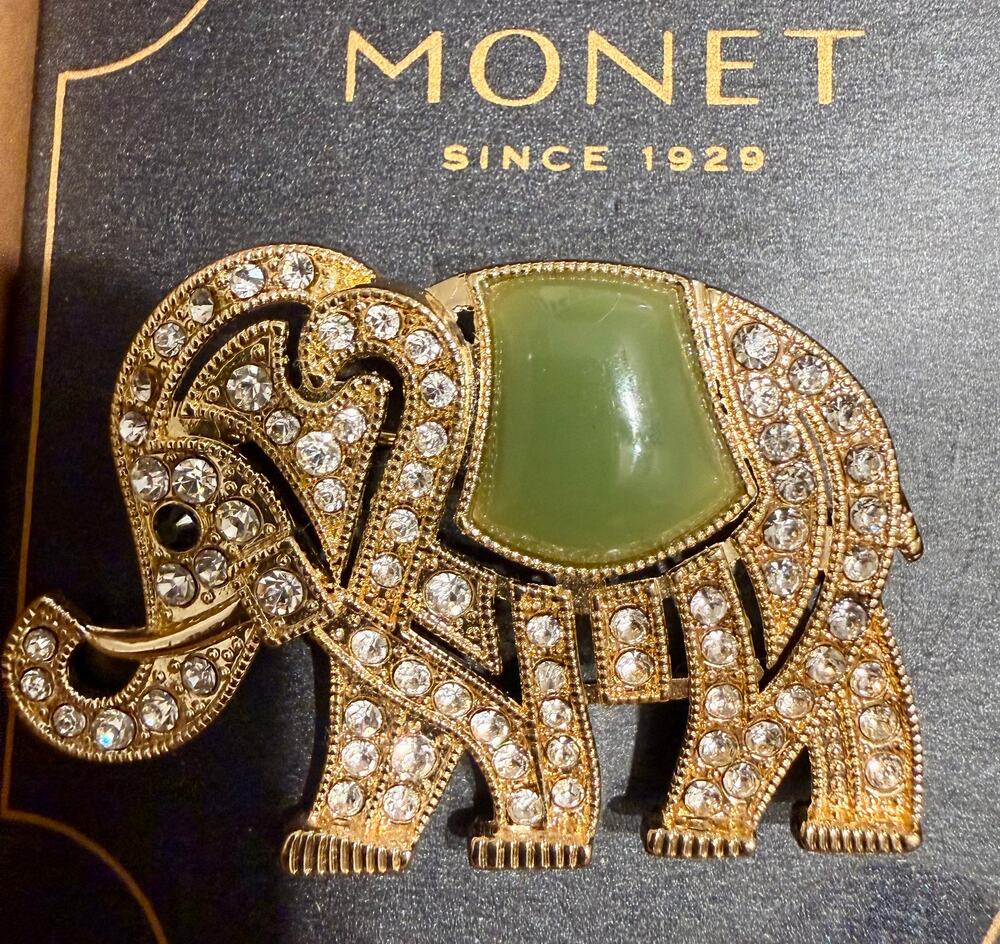 Vintage Signed Monet Gold Tone Rhinestone Elephant Brooch NIB